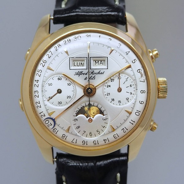 Alfred Rochat & Fils Triple Calendar Moon Chronograph 18k Gold