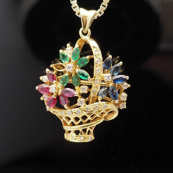 Anhänger / Brosche Blumenkorb Brillanten, Rubine, Smaragde, Saphire 18k Gold